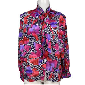 Alice Petite Shirt Womens Sz 8P Vintage Pink Floral Satin Tie Neck Button Blouse